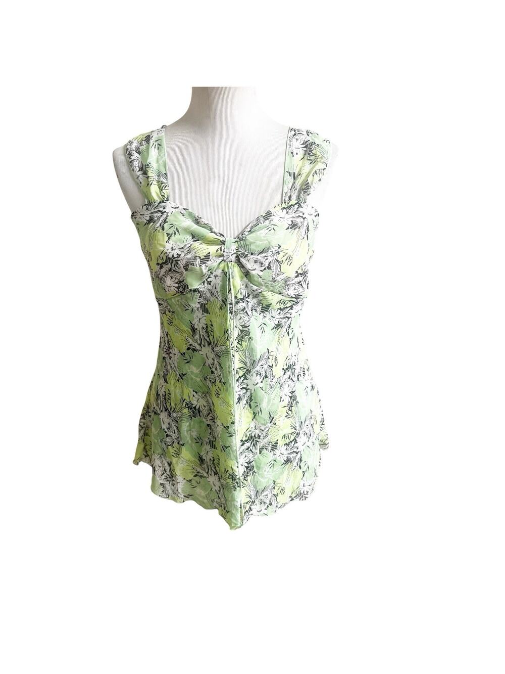 JKLA California Women’s Y2K Tank Chiffon Size Large Green White Sweetheart Neck